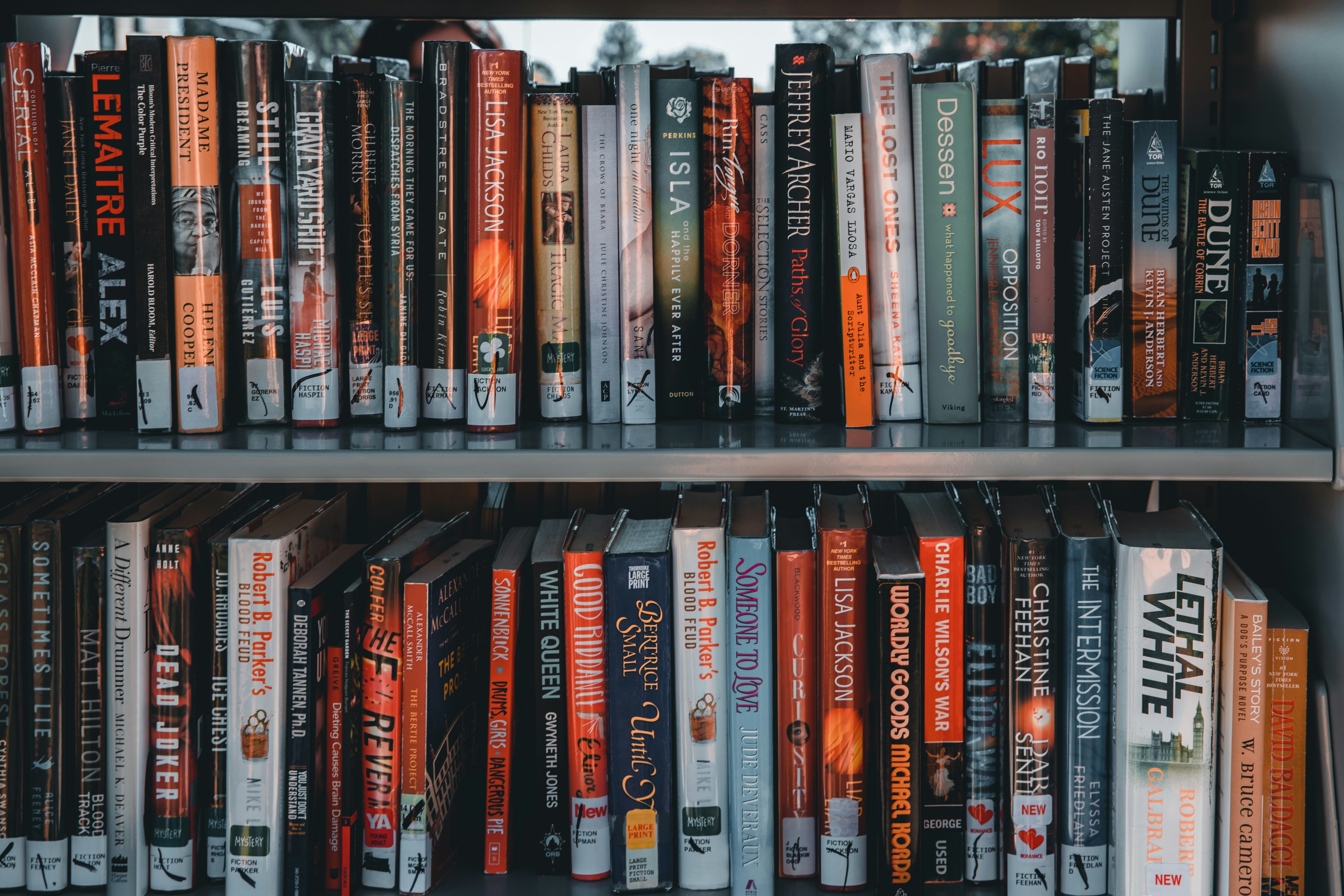books on black metal shelf