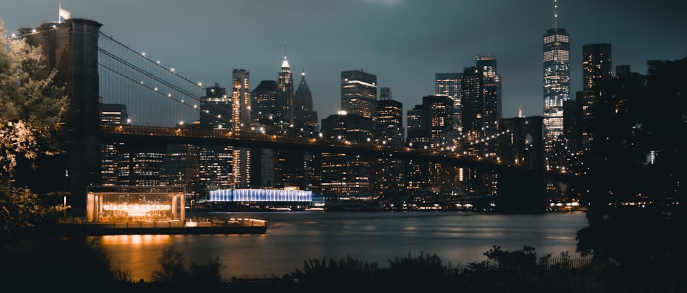 city skyline during night time