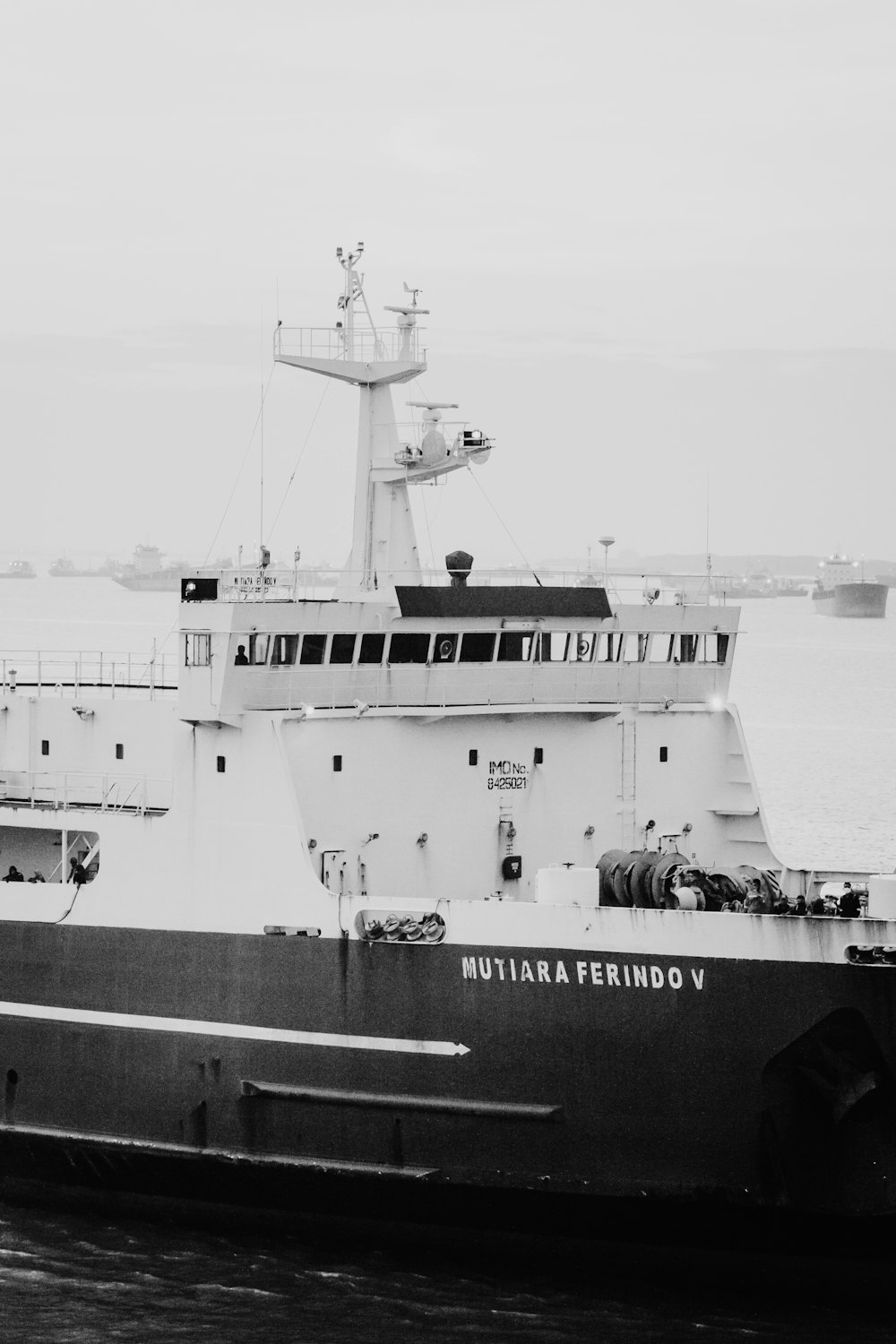 grayscale photo of white ship on sea