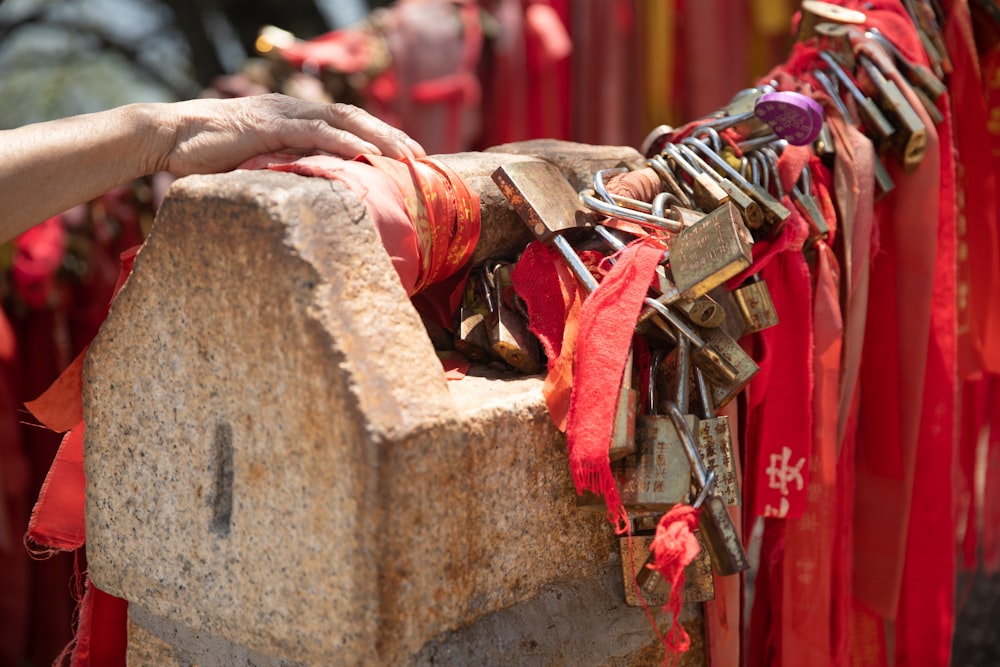 person holding red and silver padlock