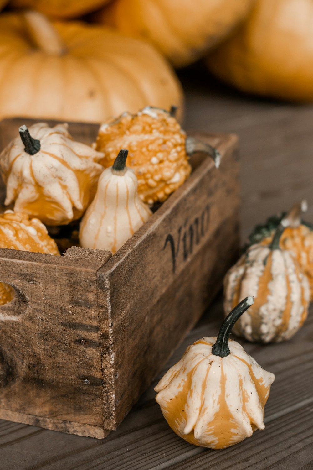 a wooden box filled with mini pumpkins on top of a table