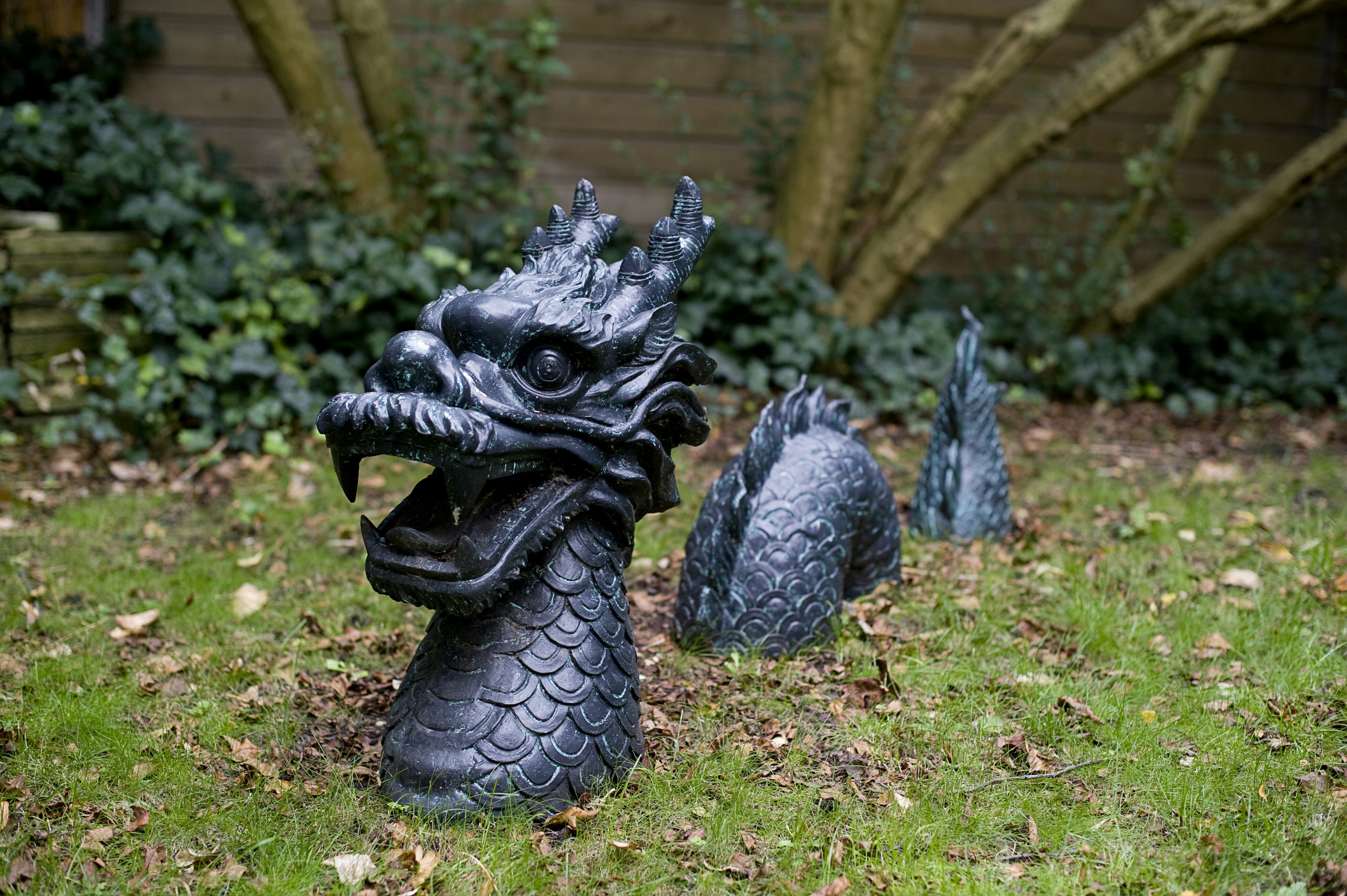 black dragon statue on green grass field