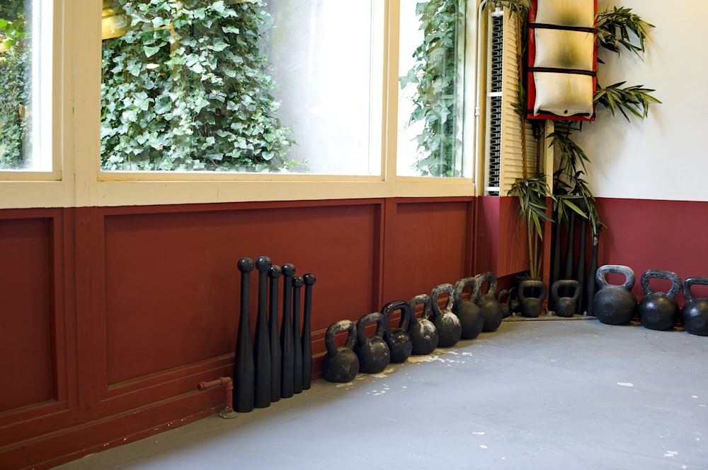 black kettle bell on brown wooden desk