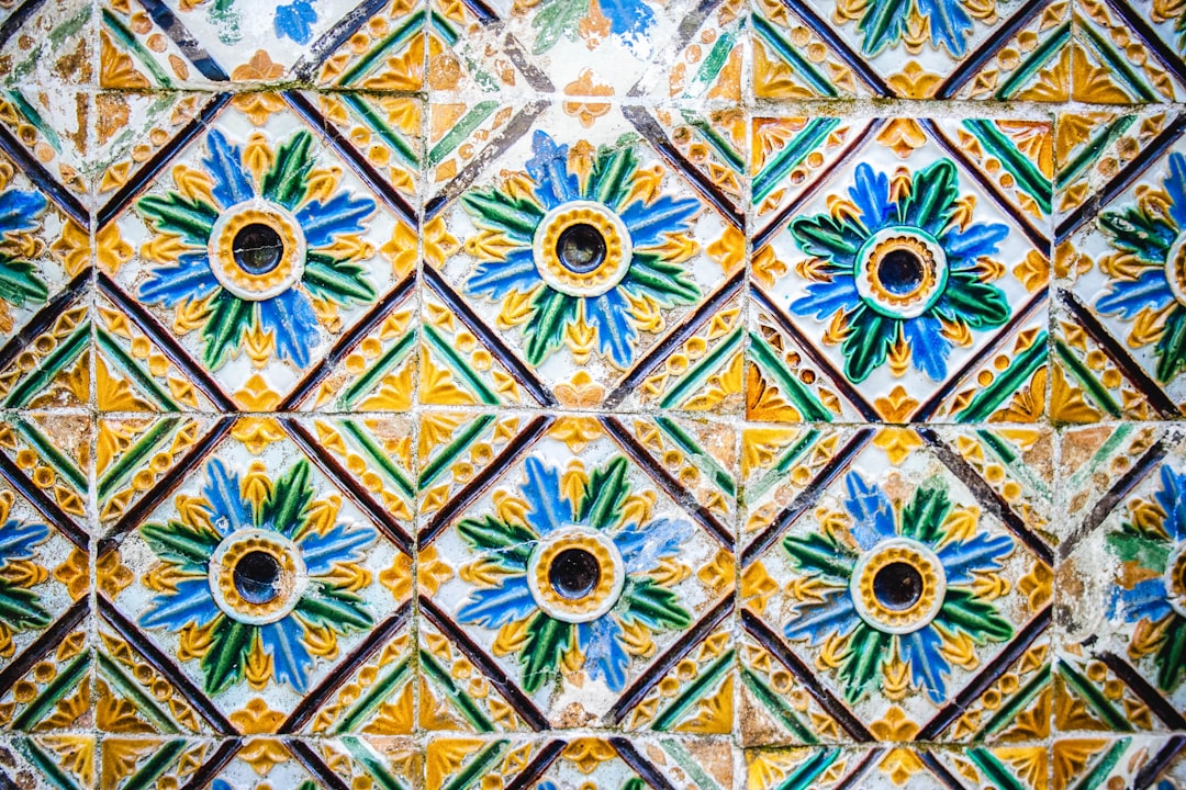 blue white and yellow floral textile, Colorful wall design