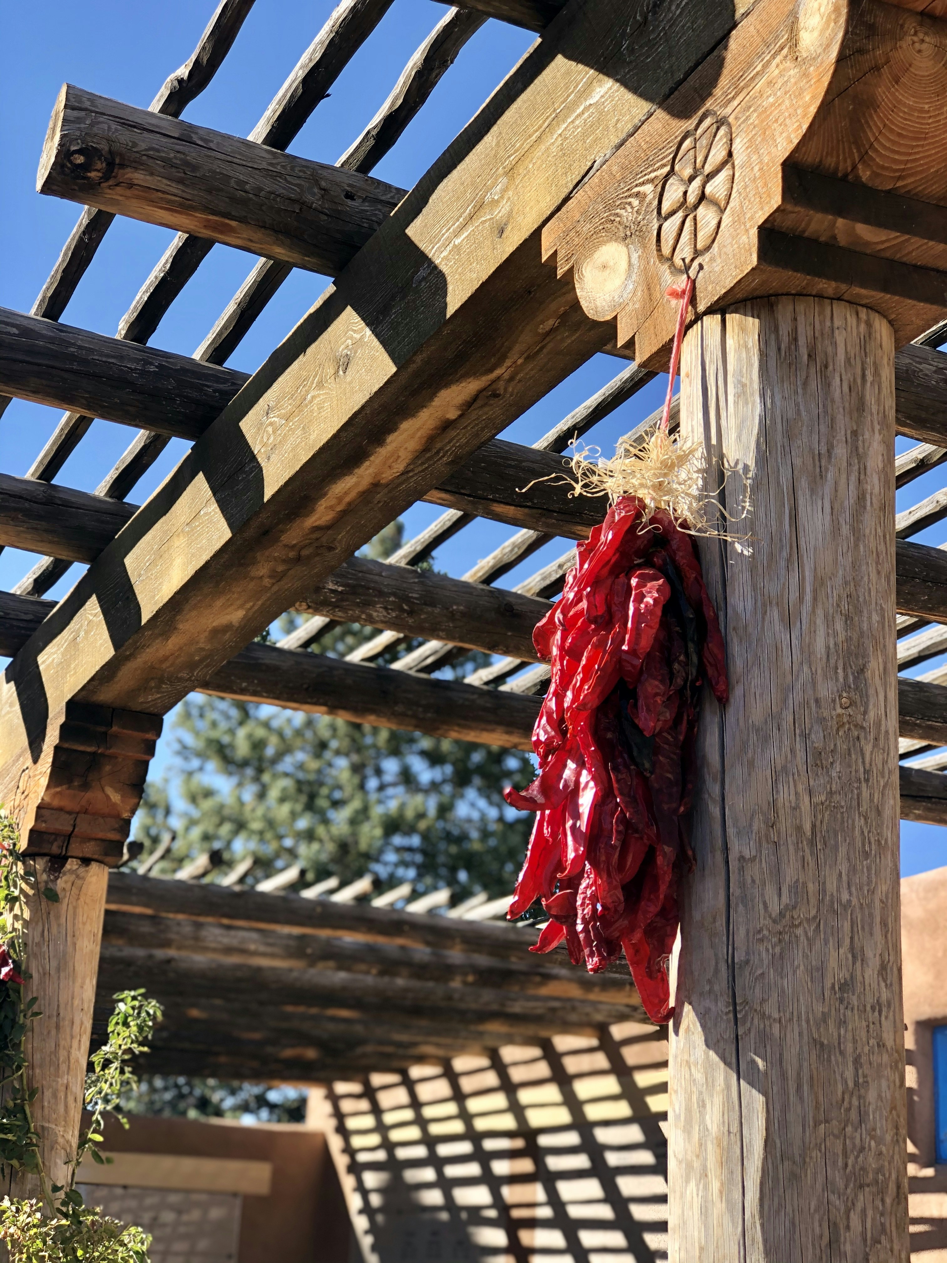 Red Espelette peppers hanging to dry on Basque house facade, bright sunlit wall