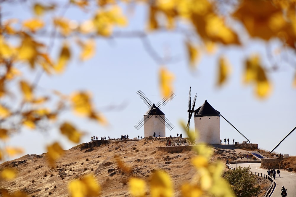 white wind turbines on brown hill during daytime