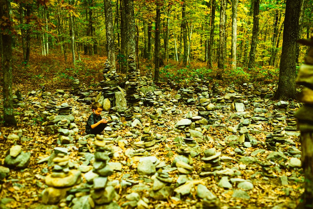 person in black jacket sitting on rock in the woods during daytime