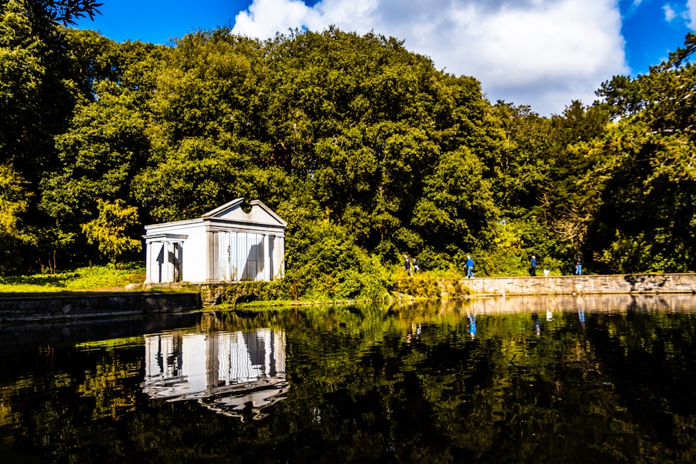 white wooden house on lake surrounded by green trees during daytime