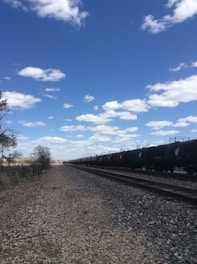 Close-up of freight railcars lined up on tracks under a clear sky.