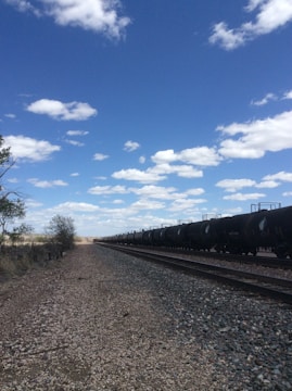 Close-up of freight railcars lined up on tracks under a clear sky.