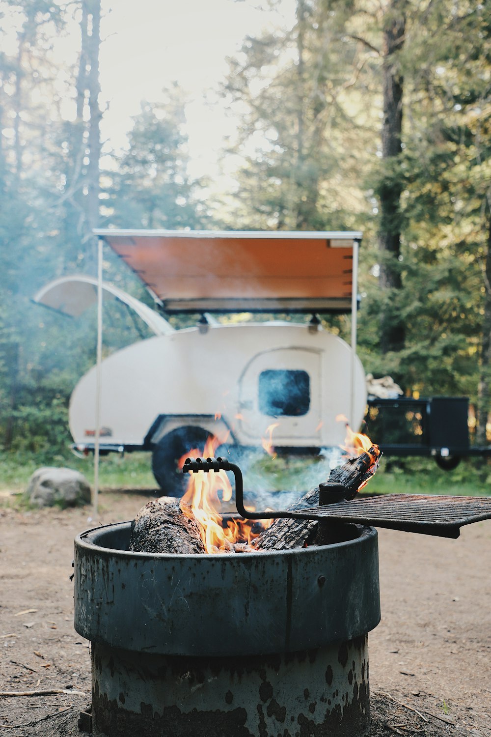 burning fire on black fire pit