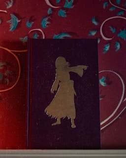 A book with a dark cover features a gold silhouette of a person wearing a long dress. The book is placed against a wall with a floral pattern in red, with blue and teal leaves and white swirls.
