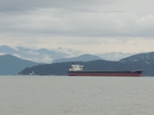 A scenic view of a cargo ship sailing near the islands of Chiloé.