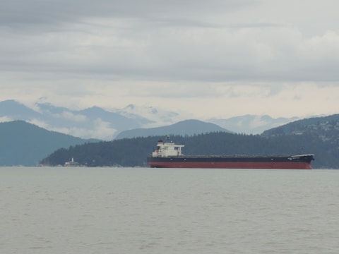 A large cargo ship travels across a calm body of water with a backdrop of forested hills and misty mountains under an overcast sky. A small lighthouse is visible on the shoreline to the left.