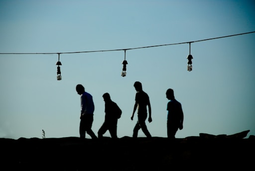 silhouette of people walking on street during sunset