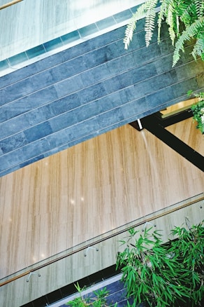A modern architectural space featuring a combination of wood and stone elements. Dark gray stonework contrasts with light wooden flooring, and there are transparent railings running along the edges. Lush green plants add a touch of nature to the environment, creating a harmonious blend of natural and architectural features.