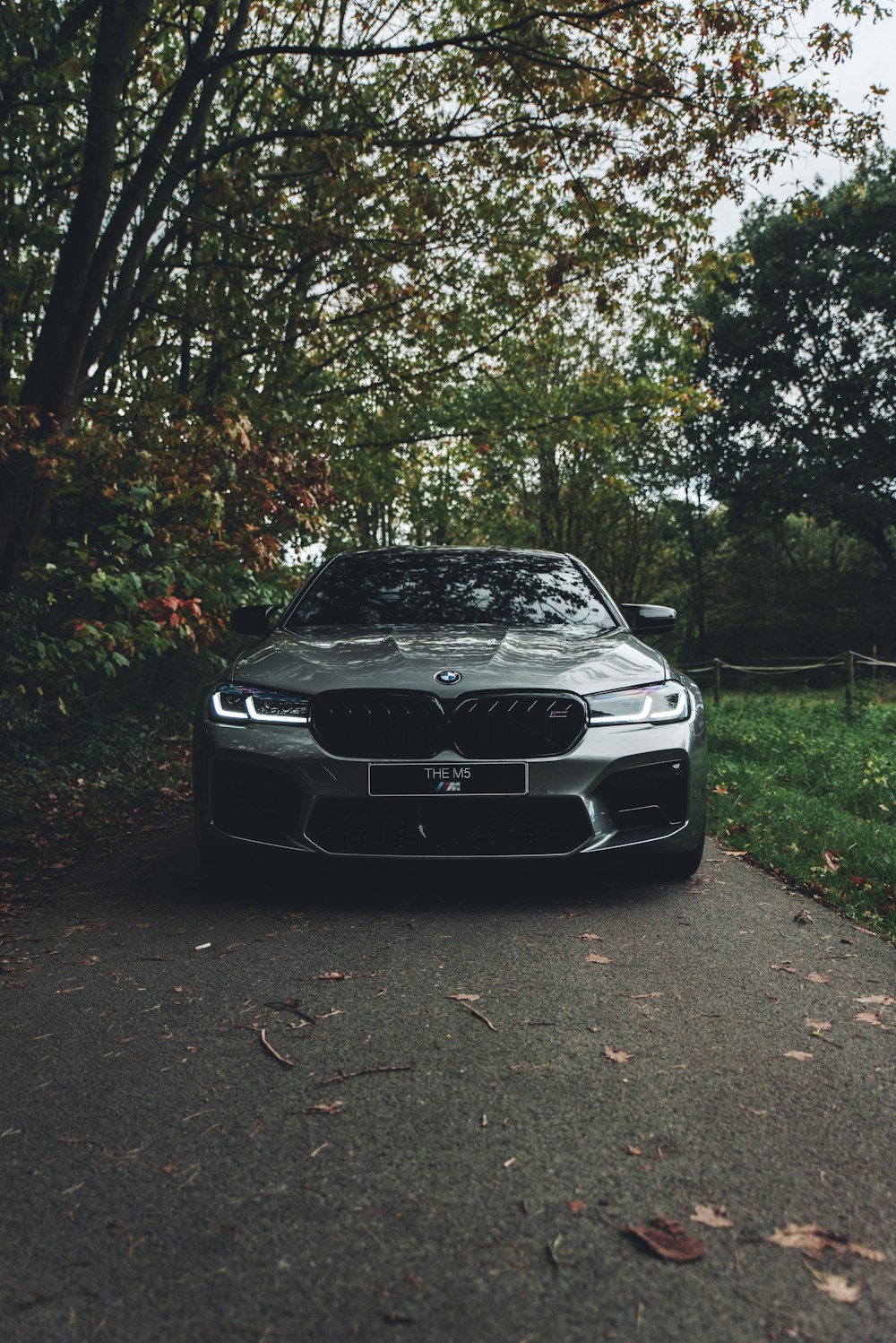 Auto BMW nera parcheggiata sul campo di erba verde durante il giorno