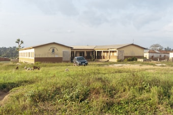 A single-story school building is situated in a rural area, surrounded by open grassland. The structure is painted in muted colors, with visible wear indicating age. A few goats graze on the grassy field in the foreground, while a black car is parked near the entrance. The sky is overcast, casting a diffused light over the scene.