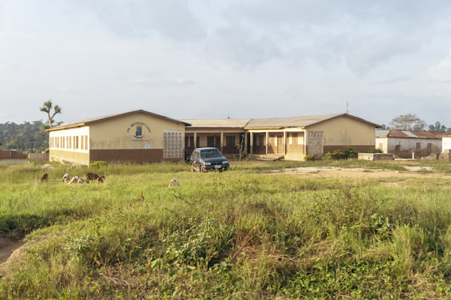 A single-story school building is situated in a rural area, surrounded by open grassland. The structure is painted in muted colors, with visible wear indicating age. A few goats graze on the grassy field in the foreground, while a black car is parked near the entrance. The sky is overcast, casting a diffused light over the scene.