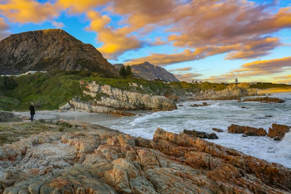Rock pools below the mountains at sunset — Hermanus, South Africa