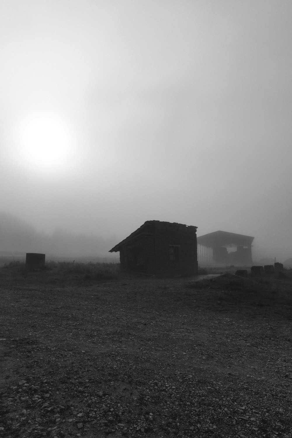 Foto en escala de grises de la casa en el campo de hierba