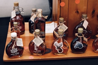 red and white glass bottles