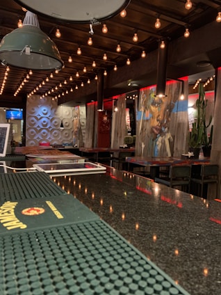 A dimly lit bar area features hanging string lights from a wooden ceiling, modern decorative wall panels, and abstract art panels with red backlighting. The bar counter has a black surface with a branded rubber mat. Bar stools and tables are visible, alongside a television and some potted plants, including a tall cactus.