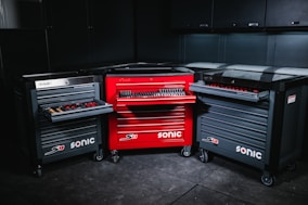 red and black tool cabinet