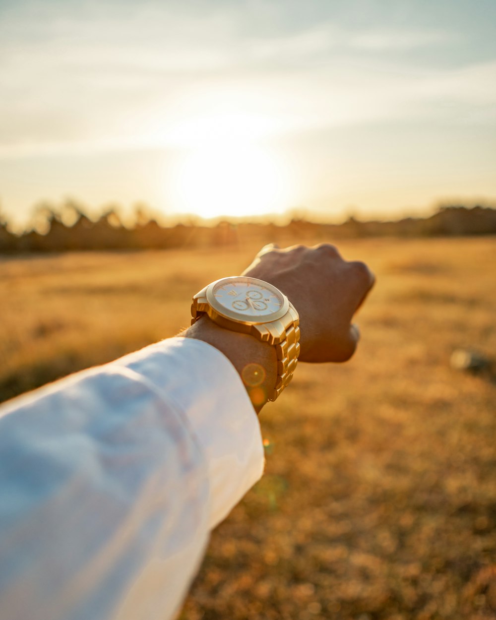 person in white long sleeve shirt wearing gold watch