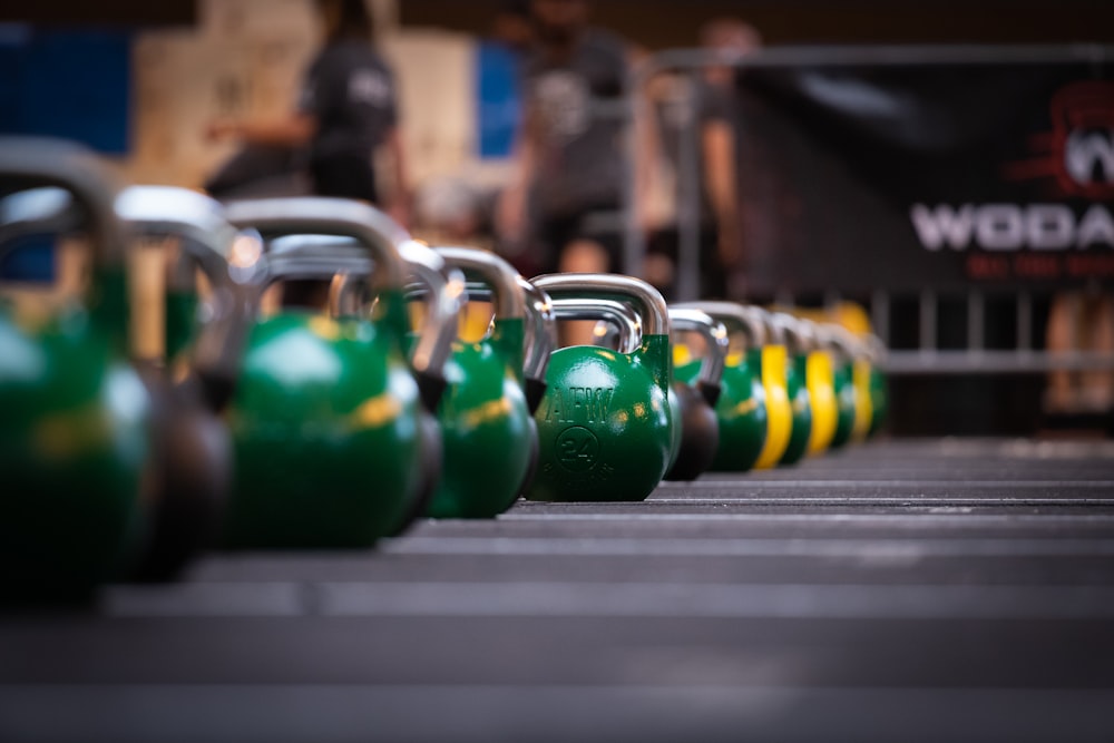 green blue and yellow kettle bell
