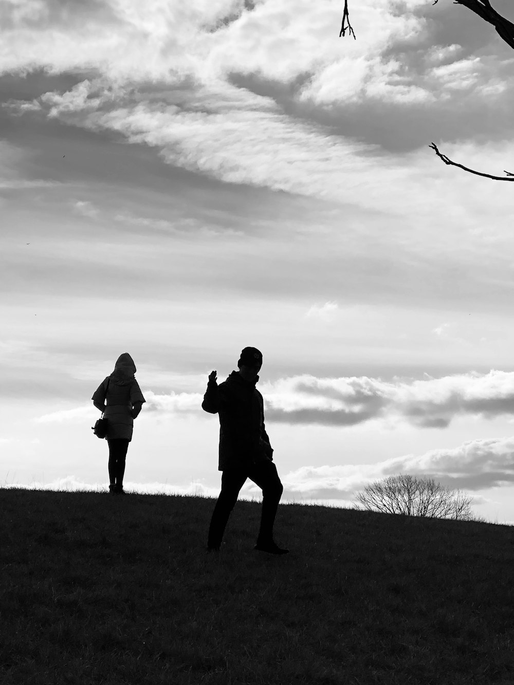 silhouette of 2 person standing on grass field under cloudy sky during daytime