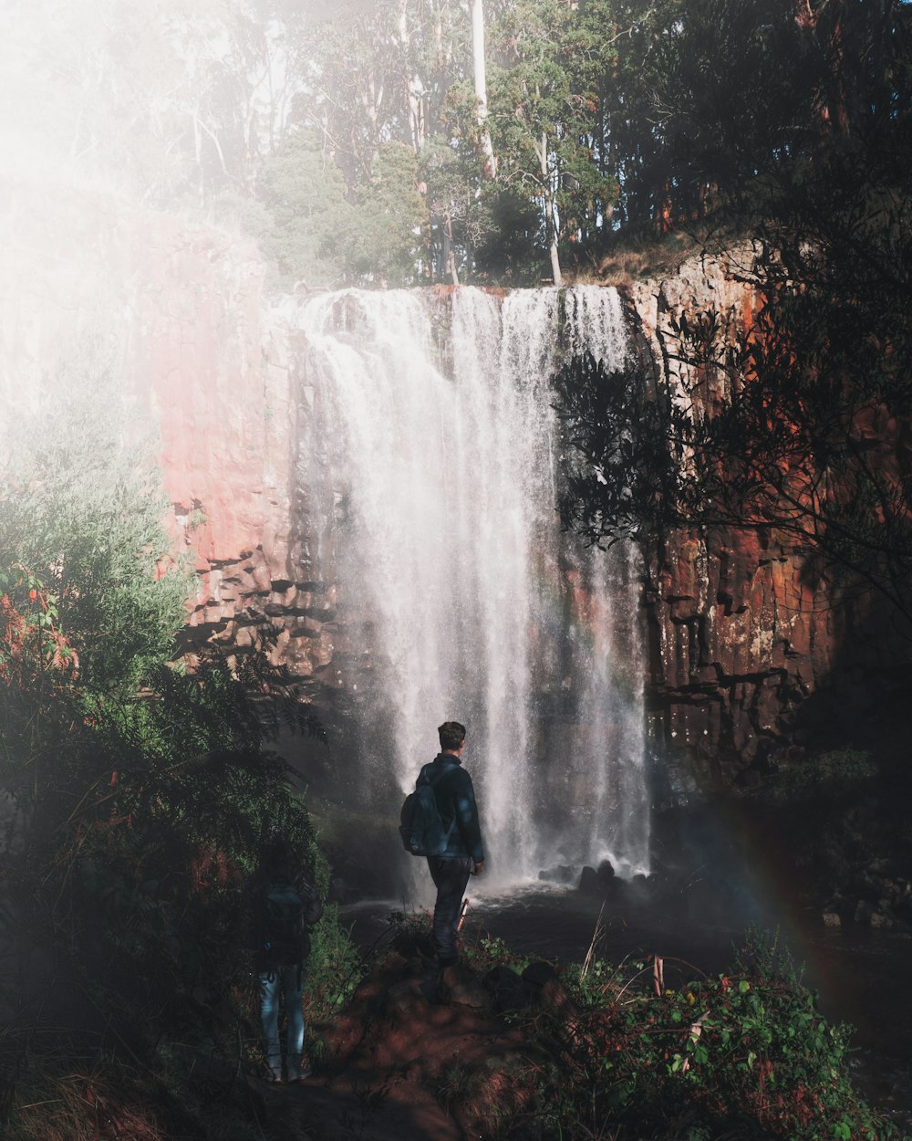 man in black jacket standing on green grass near waterfalls during daytime