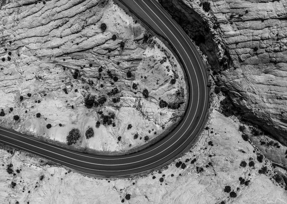 grayscale photo of car tire tracks on road