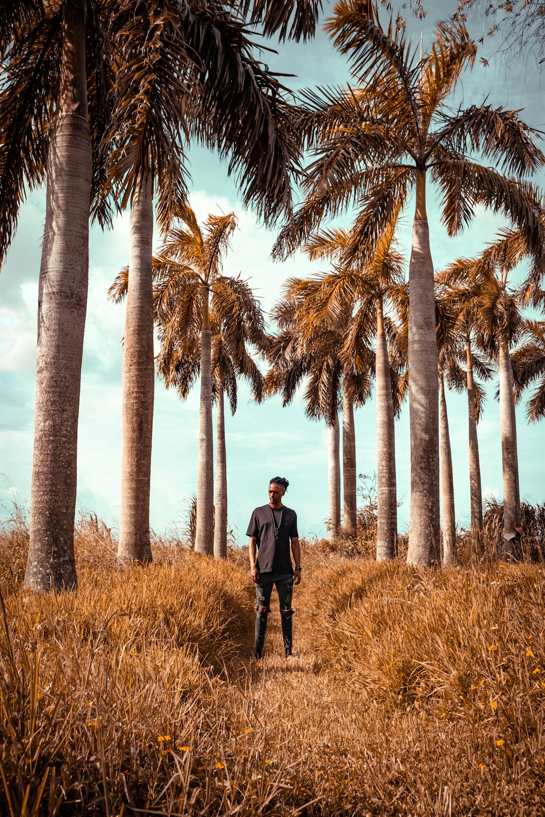 man in black jacket standing on brown grass field surrounded by green palm trees during daytime