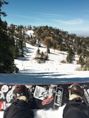 View of a snowy mountain slope with trees scattered across the landscape. A snowboard with various stickers is visible at the bottom of the image, suggesting the perspective of a person sitting on the snow. Several people can be seen skiing or snowboarding in the distance near a small lodge.