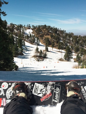 View of a snowy mountain slope with trees scattered across the landscape. A snowboard with various stickers is visible at the bottom of the image, suggesting the perspective of a person sitting on the snow. Several people can be seen skiing or snowboarding in the distance near a small lodge.