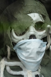 A skull with visible bone structure is covered with a tattered, green cloth and wears a blue surgical mask. The skull has hollow eye sockets and appears to be part of a larger display or decoration.
