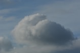 A large, fluffy cloud dominates the scene, set against a backdrop of a light blue sky. The cloud has soft, billowy contours and appears dense and compact. Wispy sections of the cloud blend seamlessly into the sky.