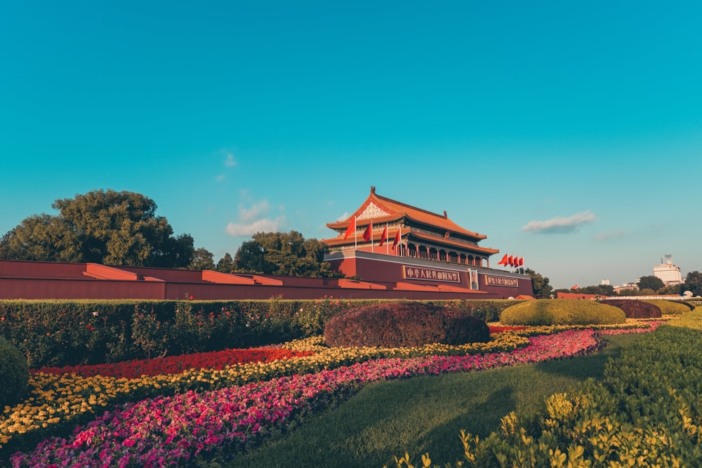 Rotes und weißes Haus tagsüber von Blumen unter blauem Himmel umgeben