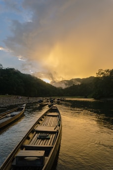 brown wooden boat on river during daytime