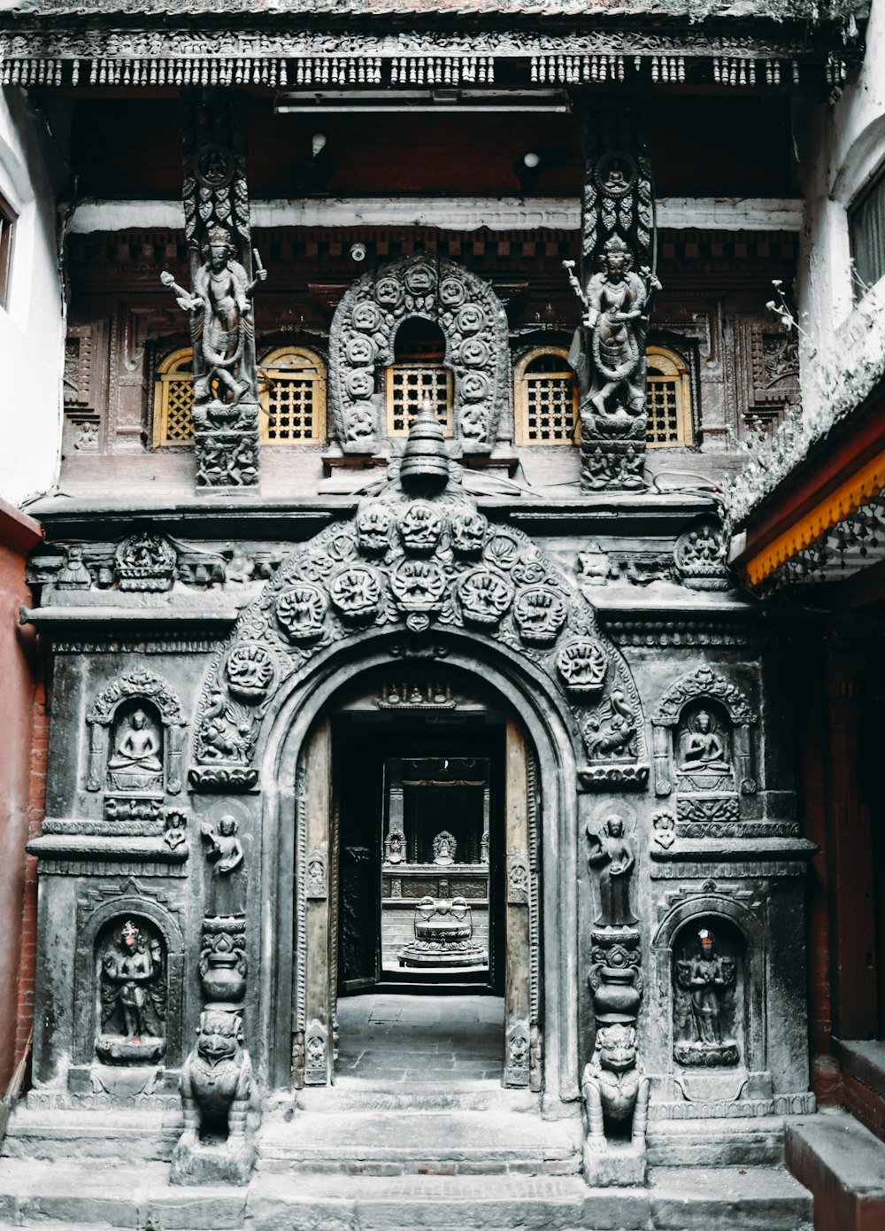 grey and red concrete building