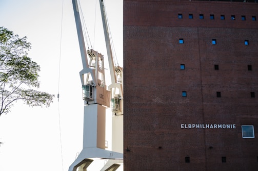 Two large cranes are positioned next to a tall brick building with small square windows. The building has the name 'Elbphilharmonie' displayed on it. A tree branch with green leaves is visible on the left side.