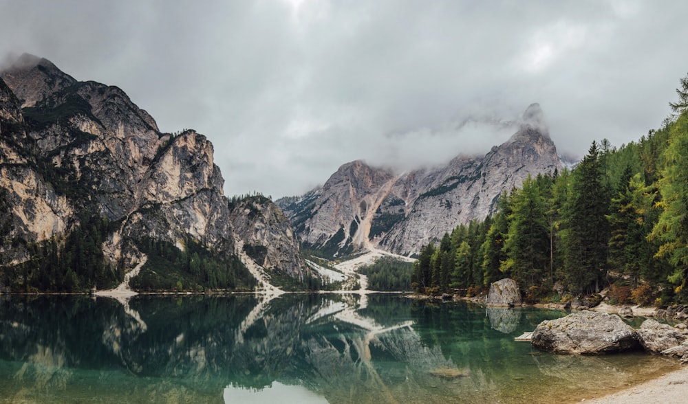 lake surrounded by trees and mountains