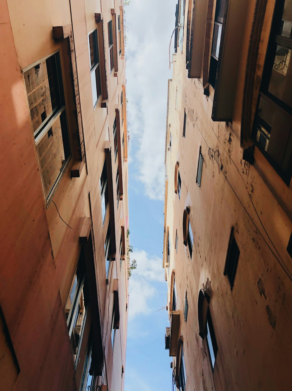 日中の茶色のコンクリートの建物のローアングル撮影