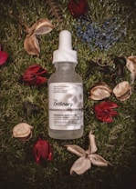 A bottle with a dropper labeled 'The Ordinary' containing Hyaluronic Acid 2% + B5 is positioned on a grassy surface. Around the bottle, there are scattered dried flowers and leaves, adding a natural and rustic touch to the scene.