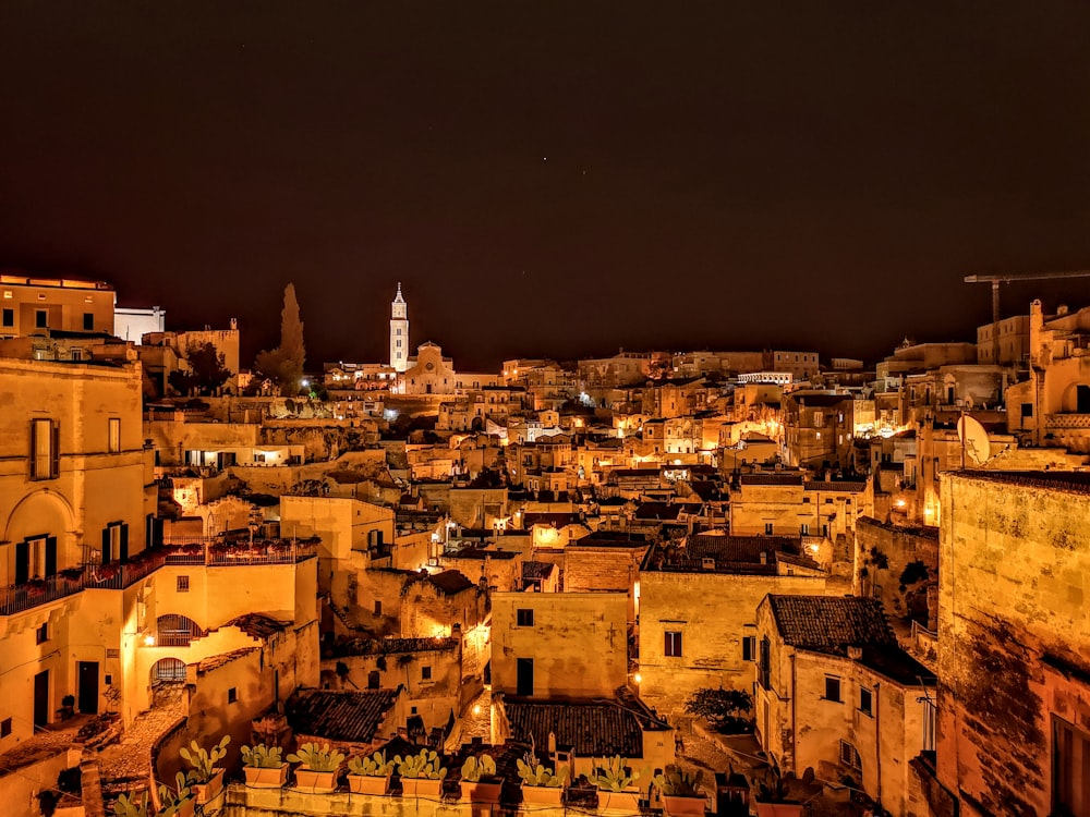 aerial view of city buildings during night time