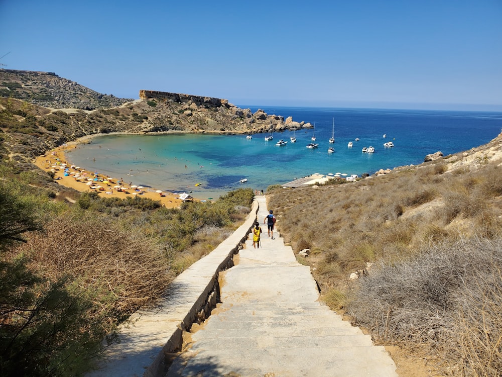 people walking on brown wooden pathway near sea during daytime