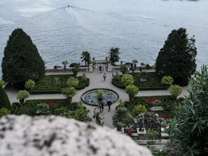 An elegant garden in Jeddah showcasing tropical plants, stone sculptures, and a well-maintained lawn.