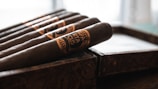 Close-up of hand-rolled premium cigars elegantly presented in a glass humidor