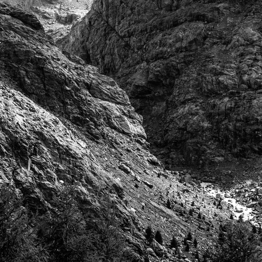 grayscale photo of rocky mountain